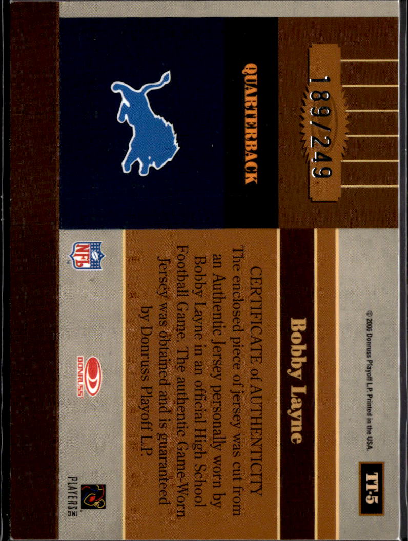 Bobby Layne 2006 Elite Game-Worn High School Jersey Patch 189/249 Detroit Lions