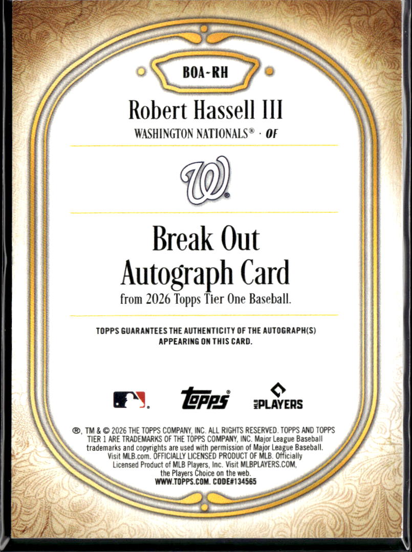 Robert Hassell III 2026 Tier One Auto Autograph 17/25 Washington Nationals