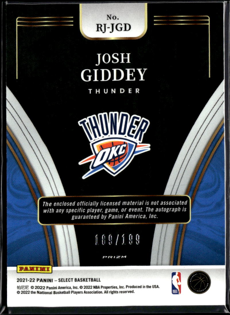 Josh Giddey 2021-22 Select Auto Autograph Patch RC 189/199 Oklahoma City Thunder