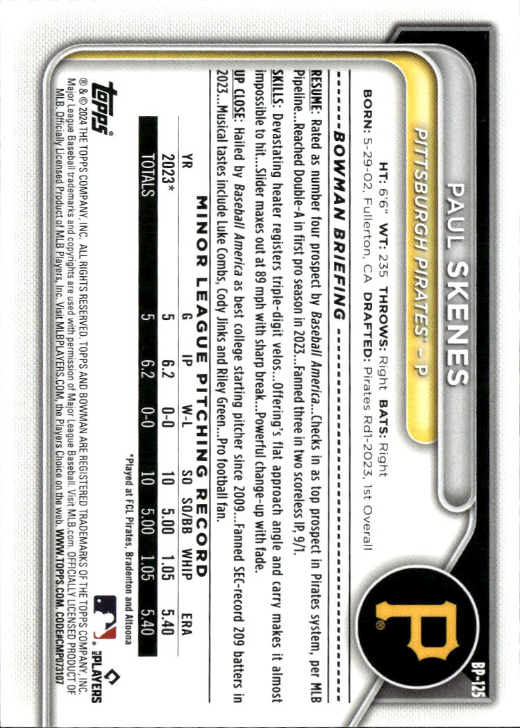 Paul Skenes 2024 Bowman Prospects Pink RC 45/299 Pittsburgh Pirates
