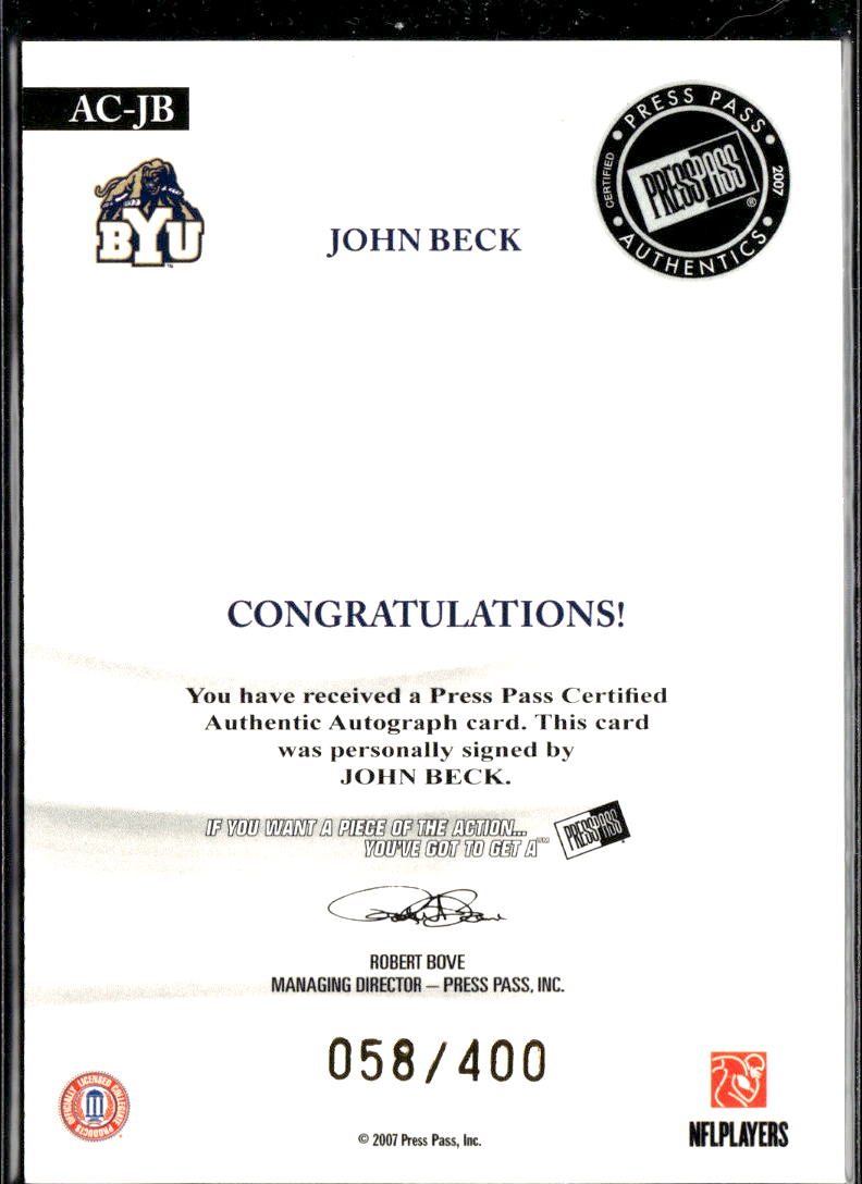 John Beck 2007 Press Pass All Conference Auto Autograph RC 58/400 BYU Cougars