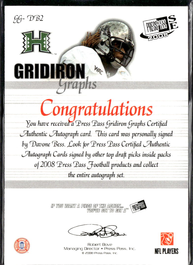 Davone Bess 2008 Press Pass Red Ink Auto Autograph RC Hawaii Warriors