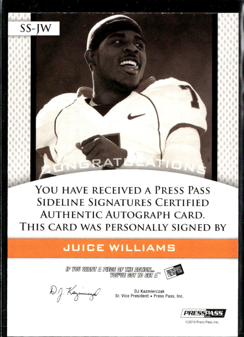 Juice Williams 2010 Press Pass Sideline GOLD Auto Autograph RC Illinois