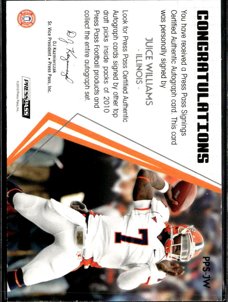 Juice Williams 2010 Press Pass Signings Auto Illinois Fighting Illini