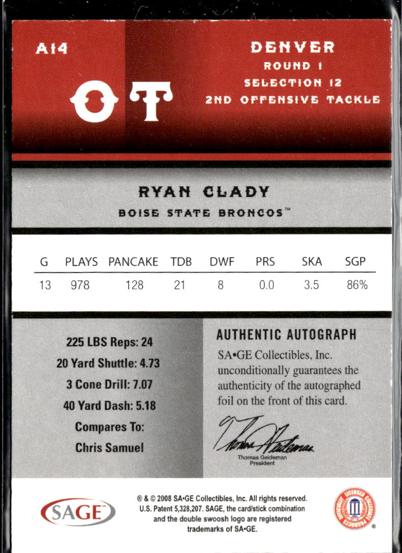 Ryan Clady 2008 SAGE HIT GOLD Auto Autograph RC 27/200 Boise State Broncos