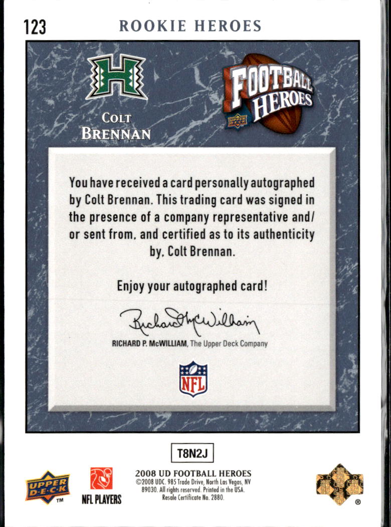 Colt Brennan 2008 Upper Deck On Card Auto Autograph RC Hawaii 121/150