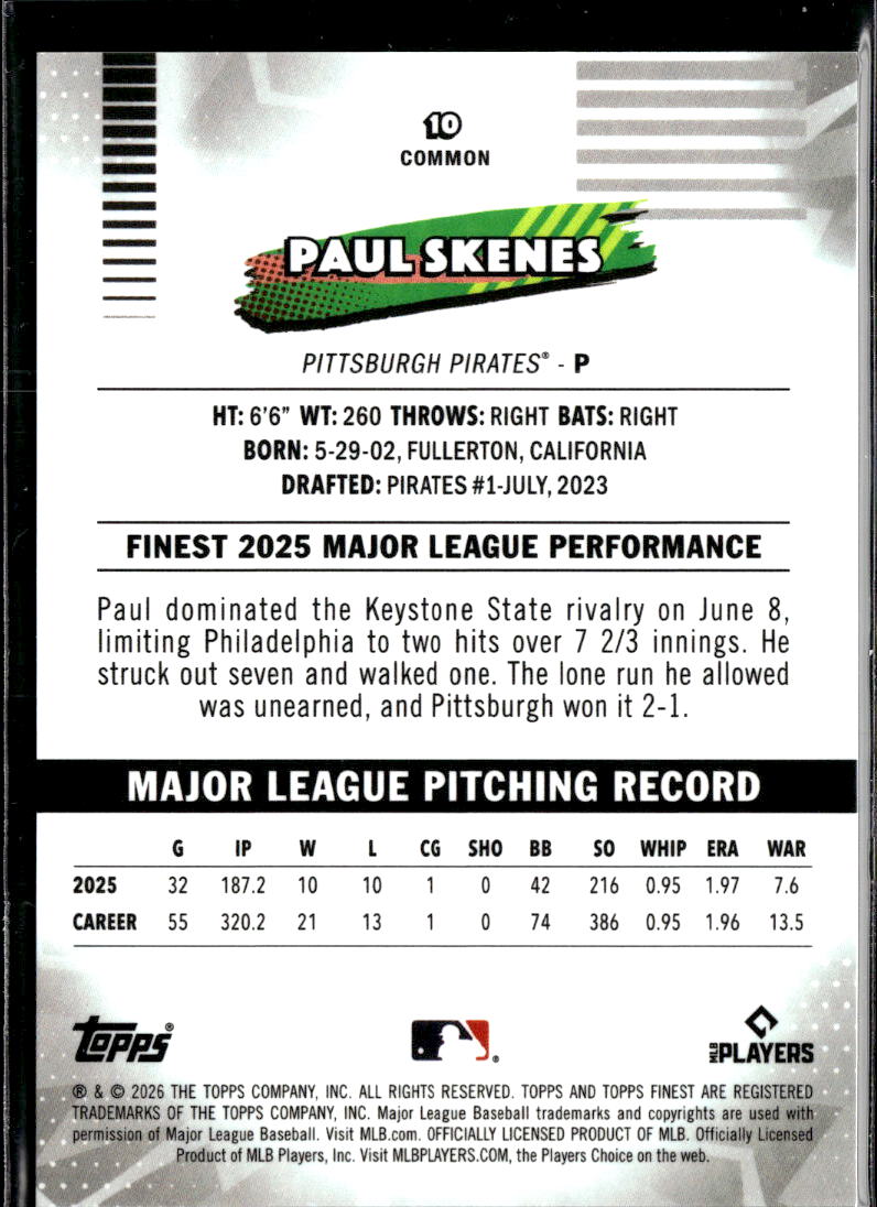 Paul Skenes 2026 Topps Finest GOLD Refractor 28/50 Pittsburgh Pirates
