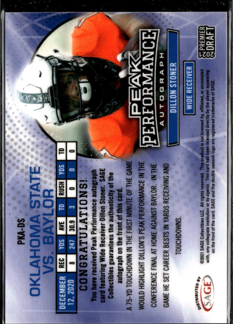 Dillon Stoner 2021 SAGE Hit Auto Autograph RC 1/10 Oklahoma State Cowboys