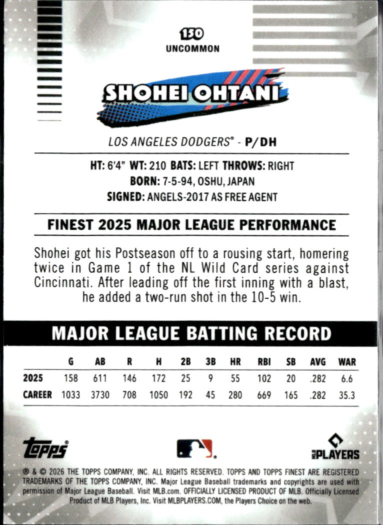 Shohei Ohtani 2026 Topps Finest Yellow Refractor 149/275 Los Angeles Dodgers