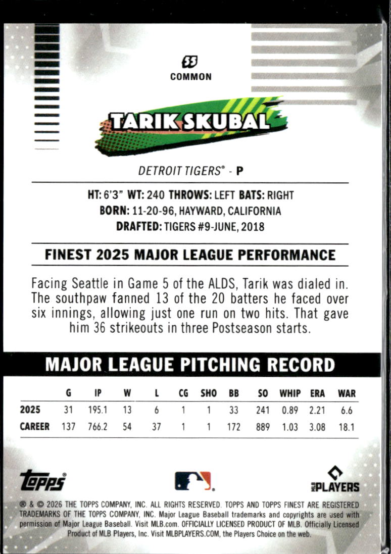 Tarik Skubal 2026 Topps Finest Black Refractor SSP 9/10 Detroit Tigers