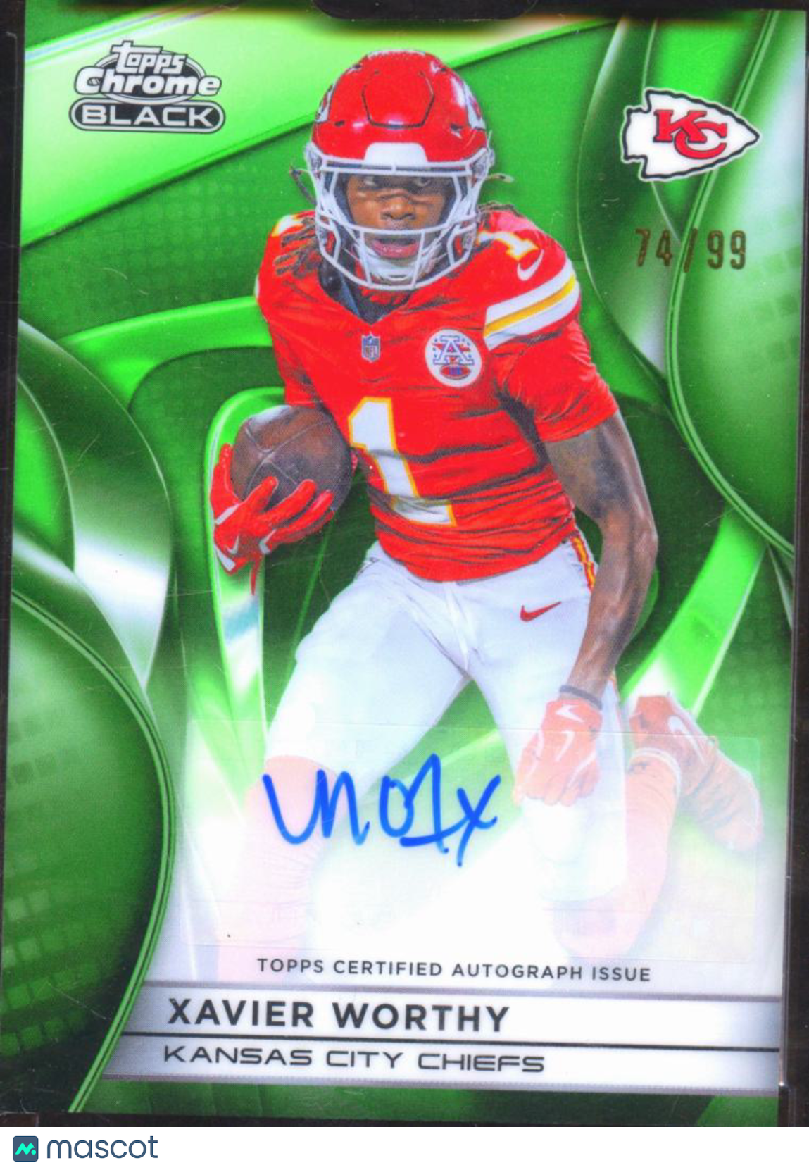 Xavier Worthy 2025 Topps Chrome Black Auto Autograph Green RC 74/99 KC Chiefs