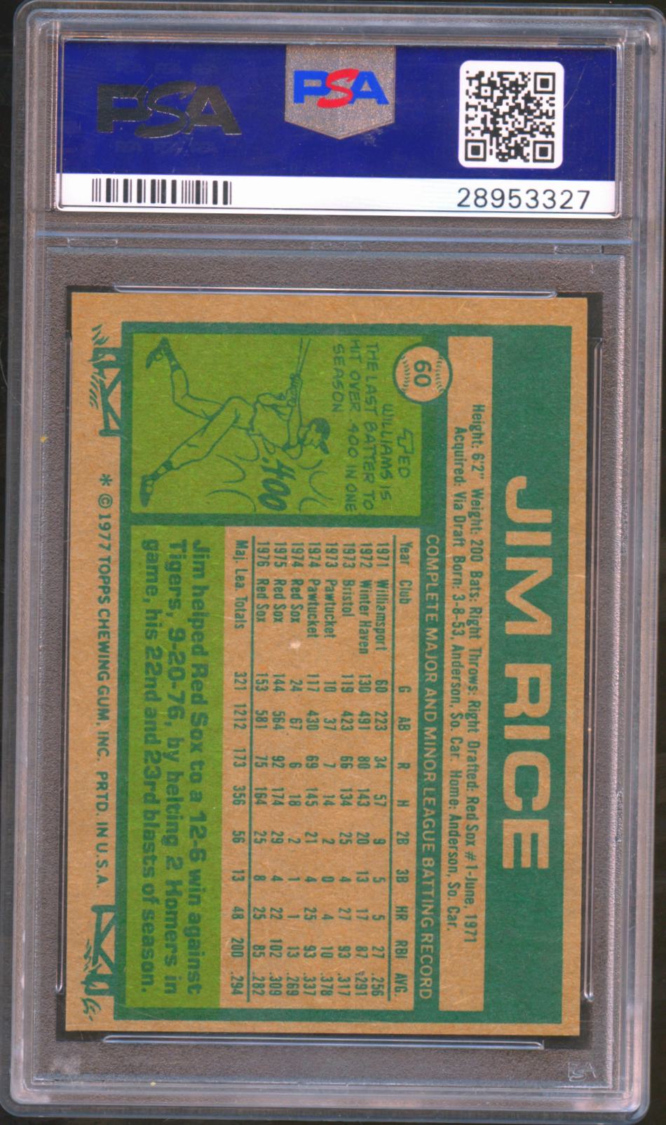 Jim Rice 1977 Topps Baseball Card Boston Red Sox #60 PSA 8