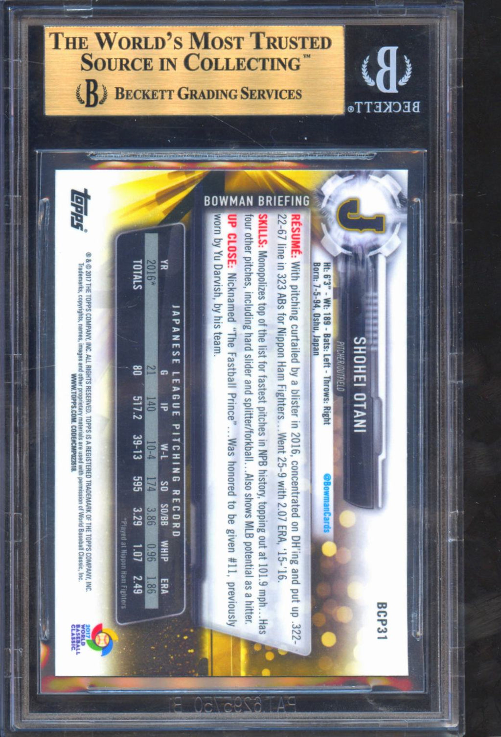 Shohei Ohtani 2017 Bowman CHrome Refractor RC Japan Dodgers Angels #31 BGS 9.5