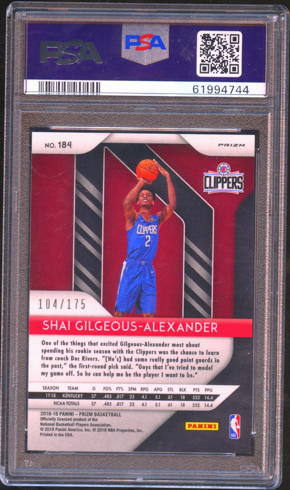 Shai Gilgeous-Alexander 2018-19 Prizm Fast Break Blue RC Thunder 104/175 PSA 9