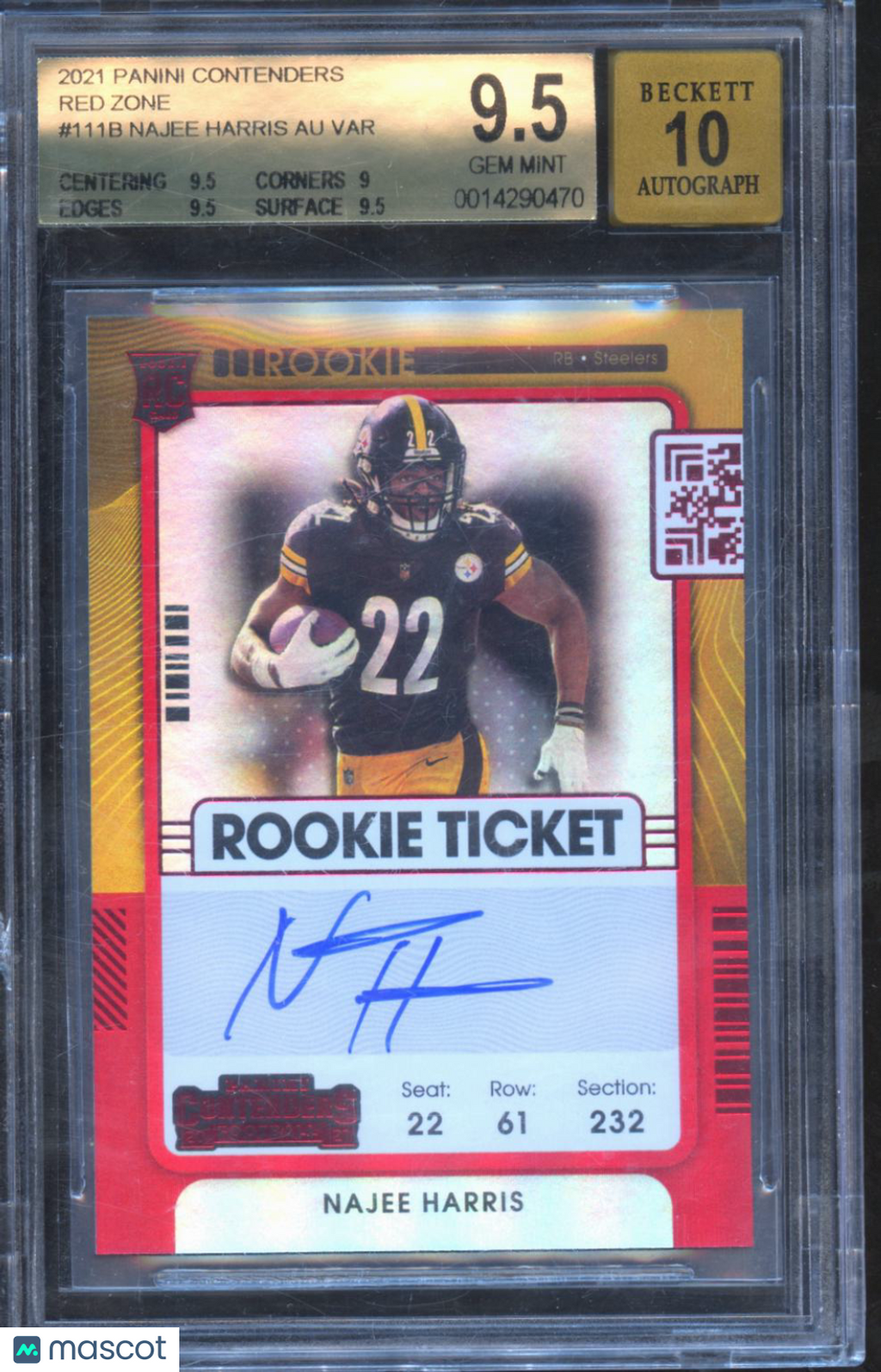 Najee Harris 2021 Panini Contenders Red Zone Auto Autograph RC Steelers BGS 9.5