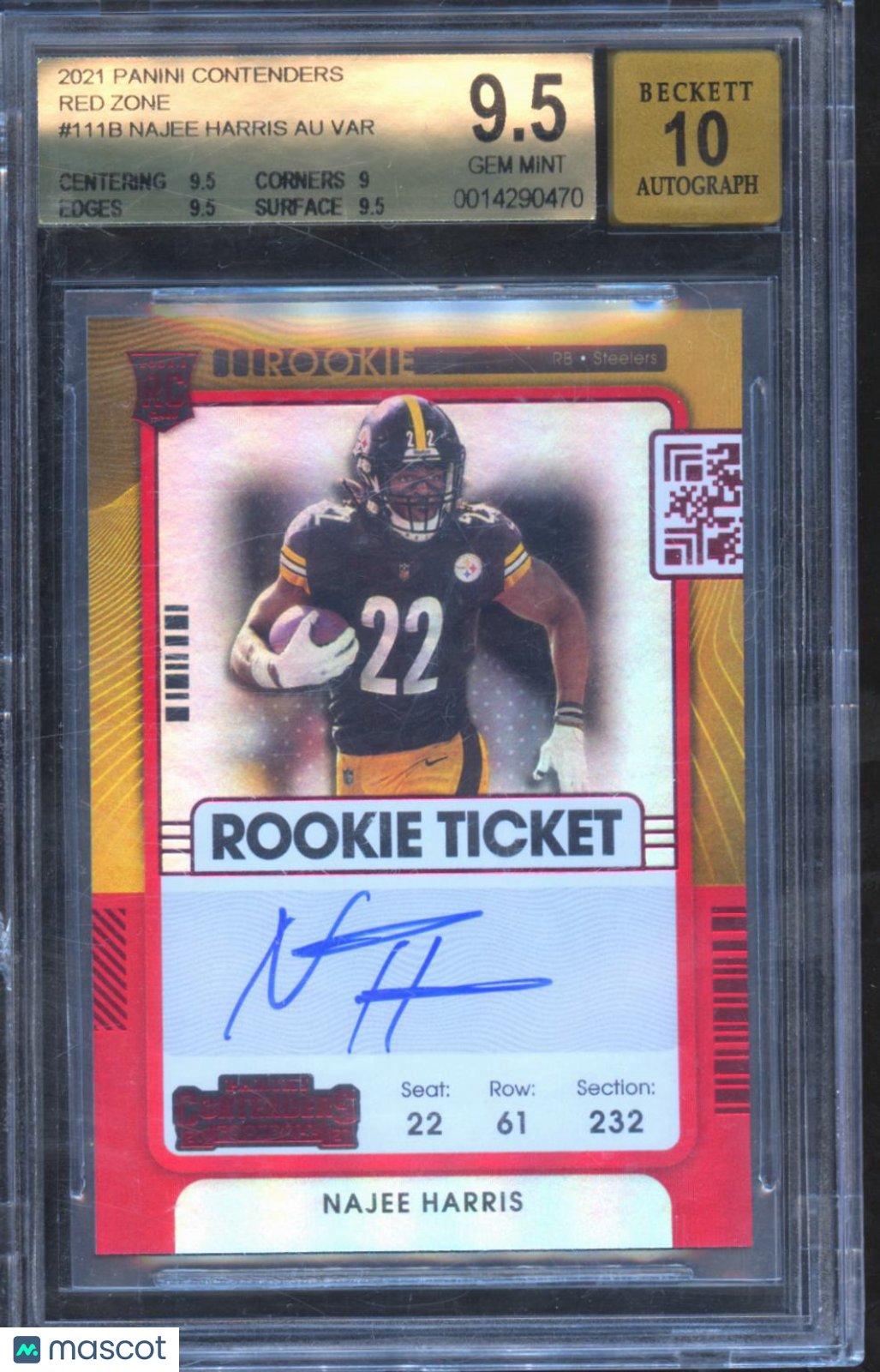 Najee Harris 2021 Panini Contenders Red Zone Auto Autograph RC Steelers BGS 9.5