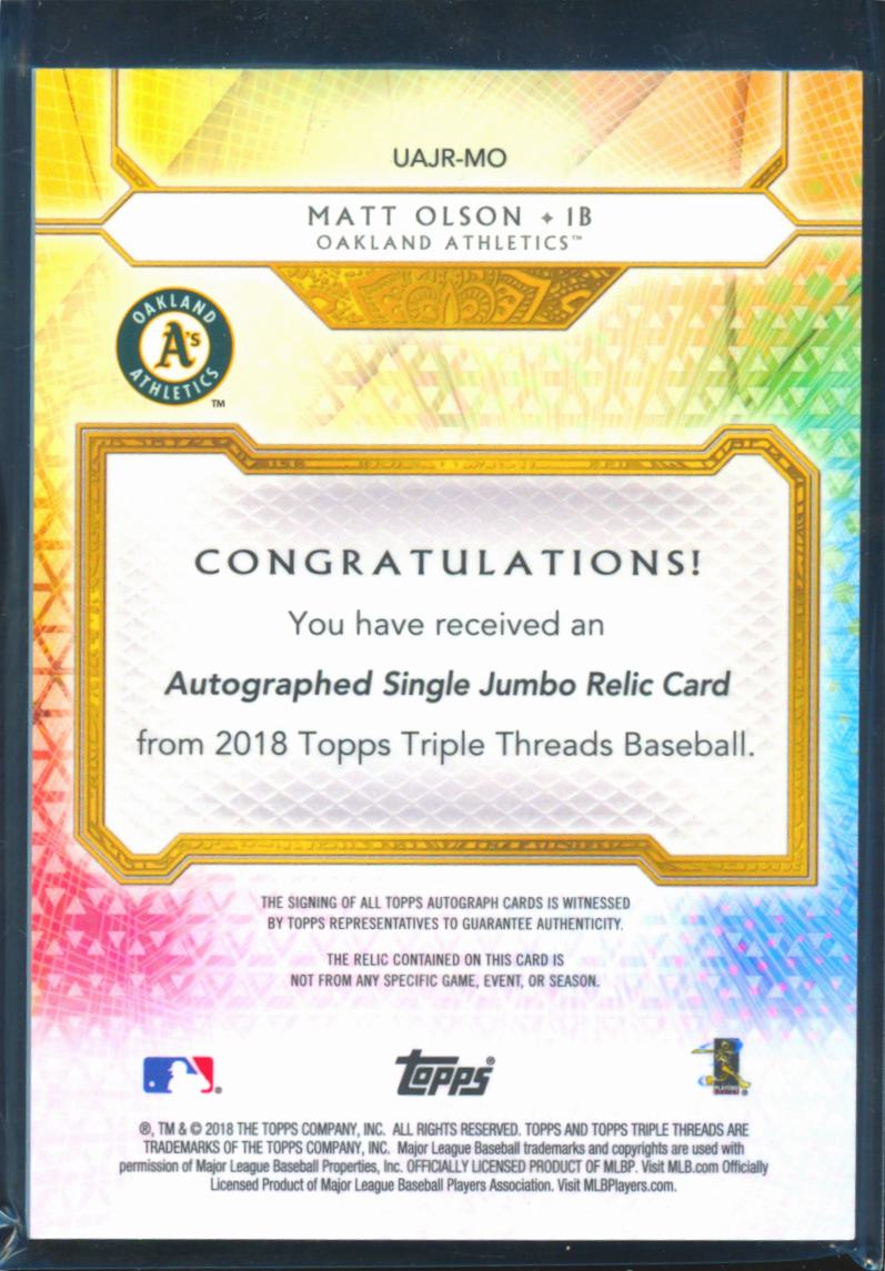 Matt Olson 2018 Topps Triple Threads Auto Autograph Patch 22/75 Athletics