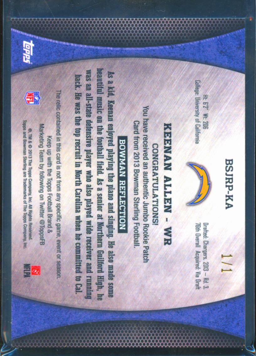 Keenan Allen 2013 Bowman Sterling Printing Plate Patch RC 1/1 San Diego Chargers