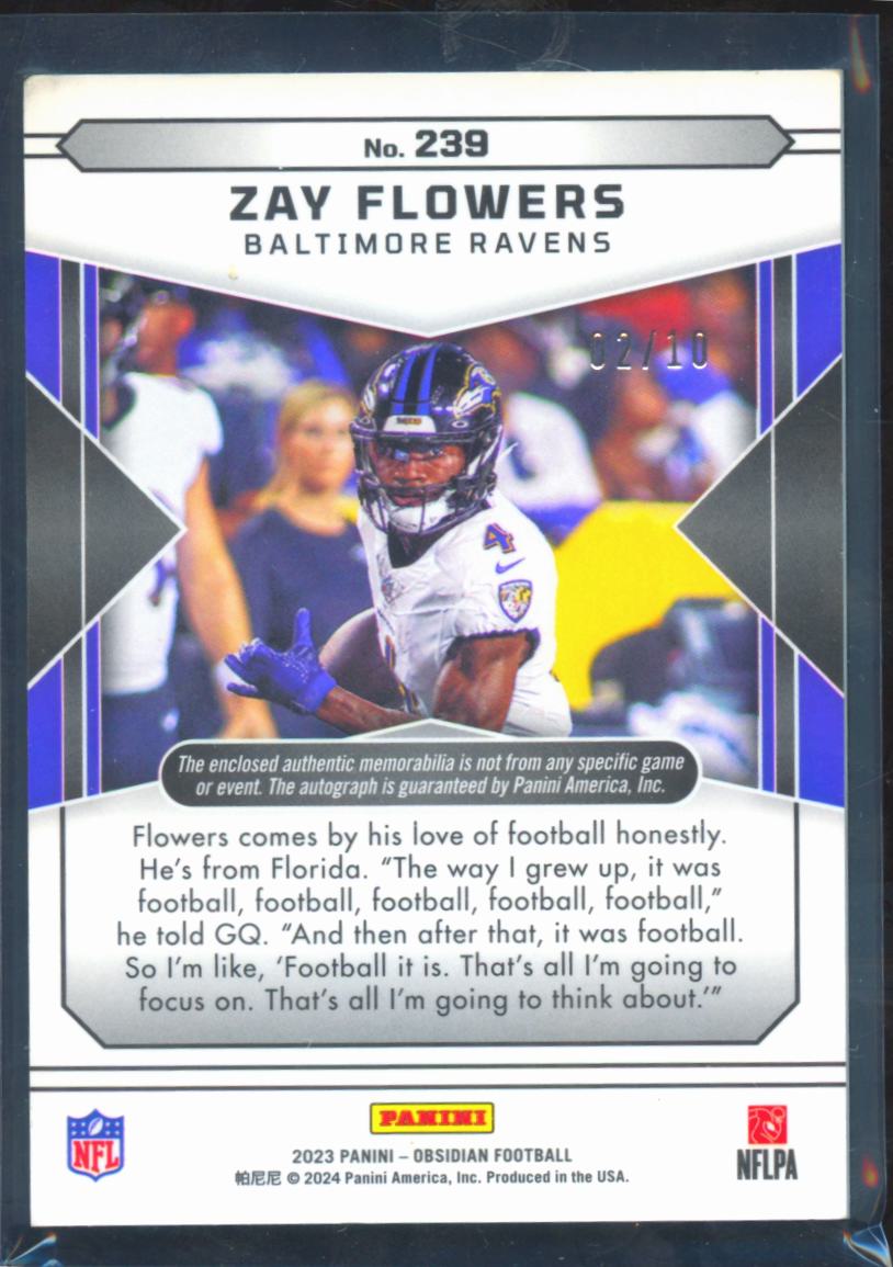 Zay Flowers 2023 Obsidian Auto Autograph Patch RC GOLD 2/10 Baltimore Ravens