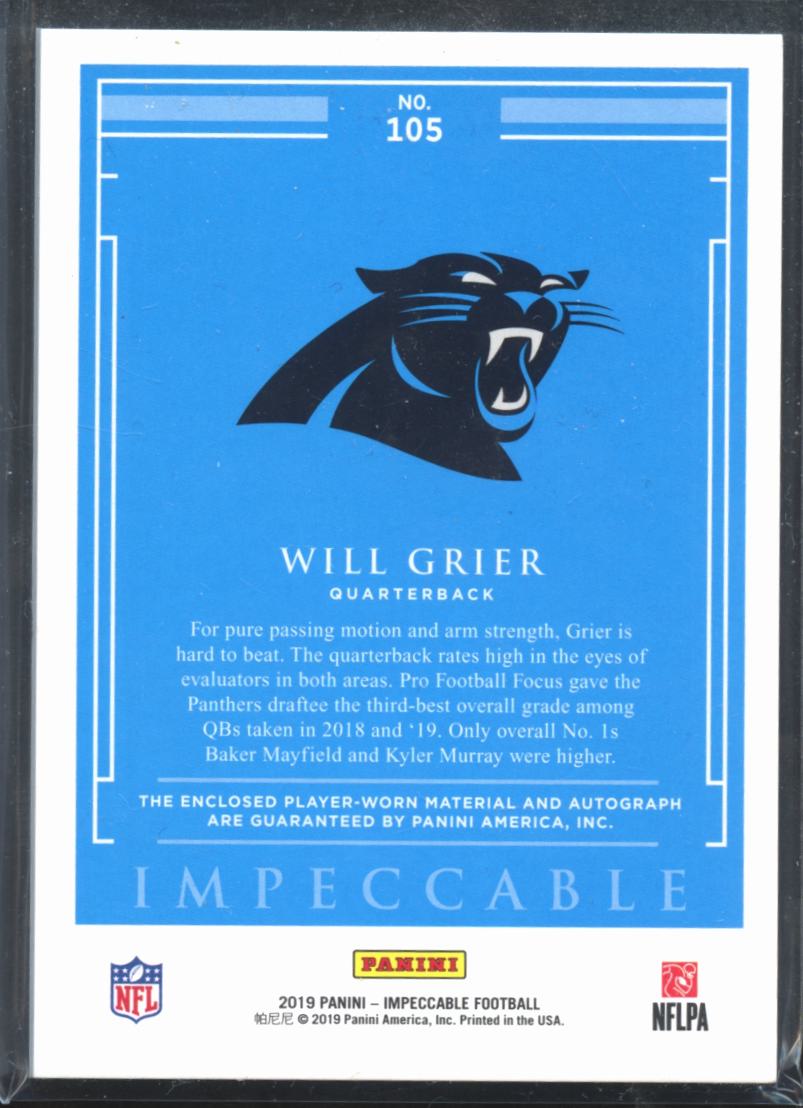 Will Grier 2019 Impeccable Auto Autograph Helmet Patch RC /75 Carolina Panthers
