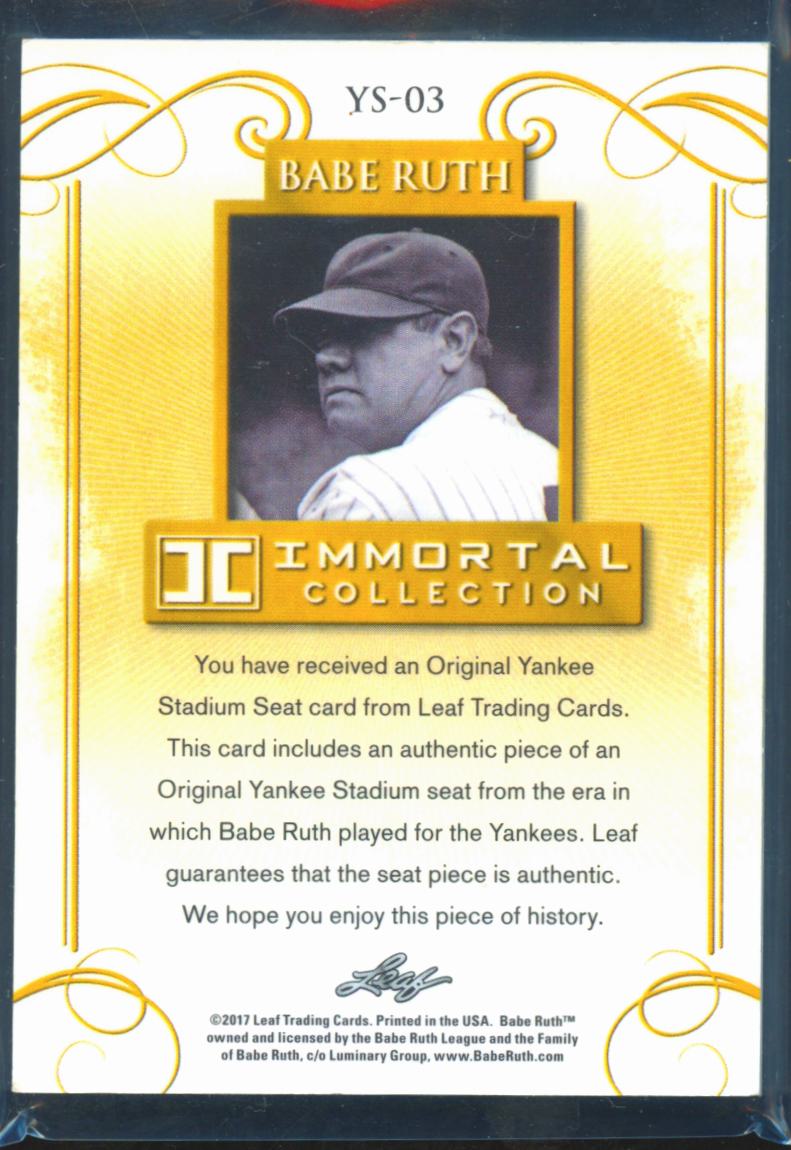Babe Ruth 2017 Leaf Immortal Stadium Seat Relic 9/10 New York Yankees