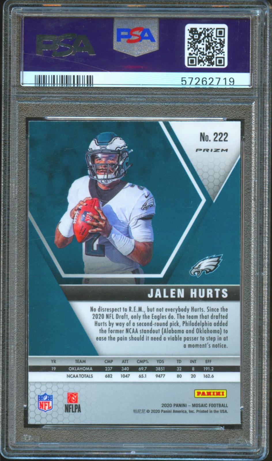 Jalen Hurts 2020 Mosaic Silver Prizm Rookie RC Philadelphia Eagles #222 PSA 9