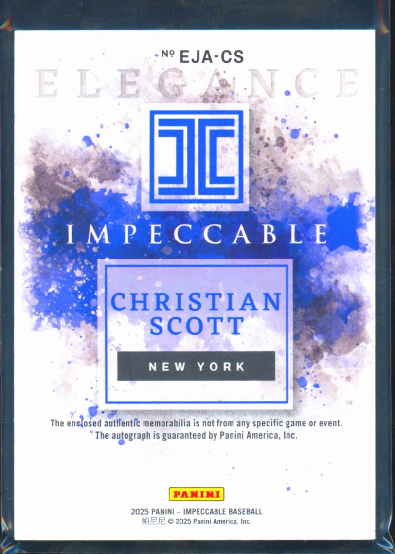 Christian Scott 2025 Impeccable Auto Autograph Patch 5/10 New York Mets