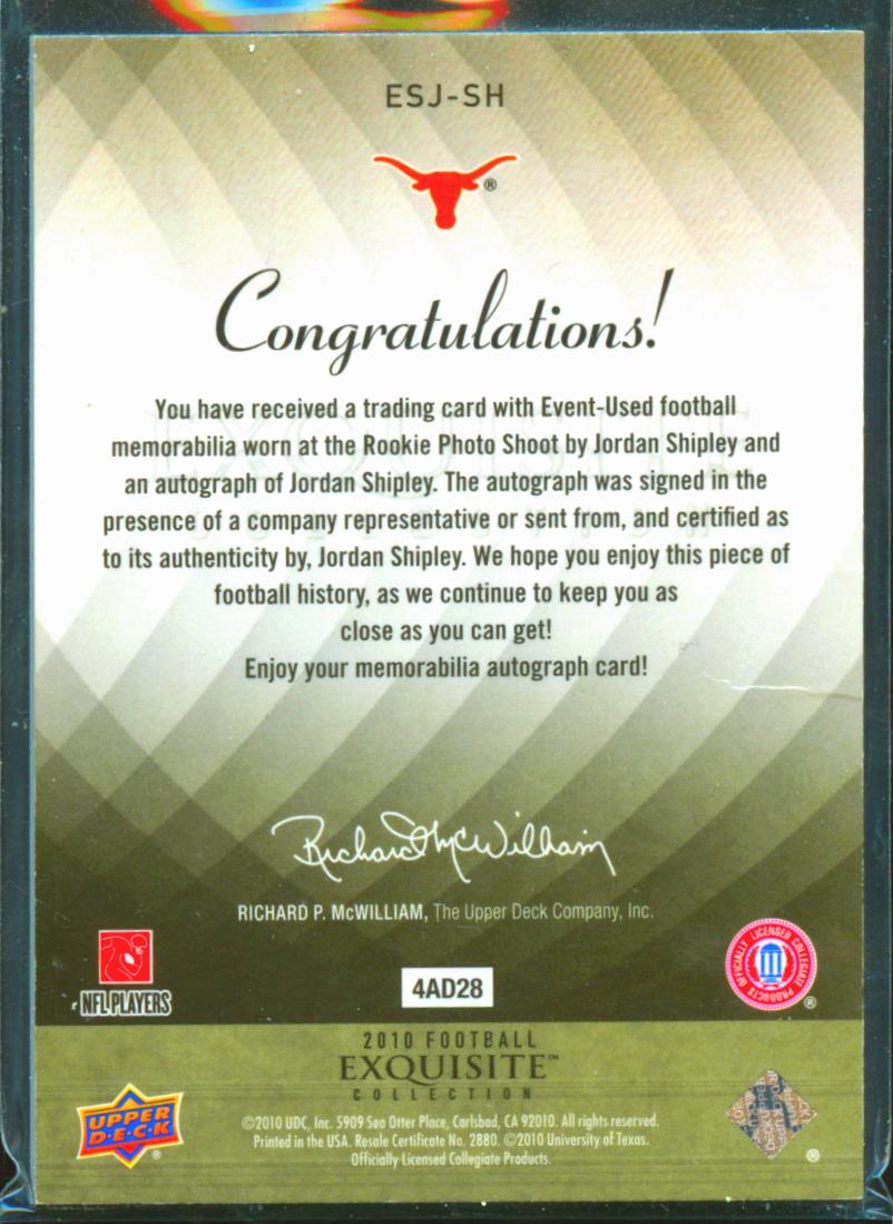Jordan Shipley 2010 Upper Deck Exquisite Auto Autograph Patch /99 TexasLonghorns