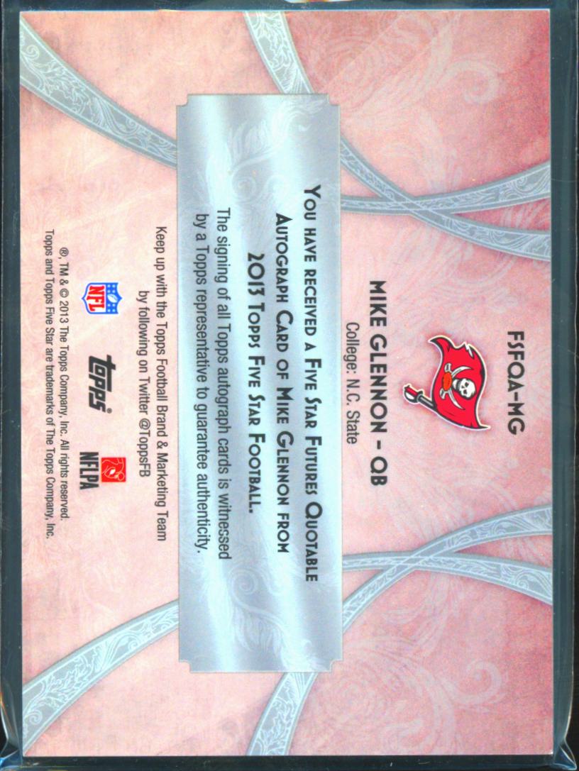 Mike Glennon 2013 Topps Five Star Inscription Auto Autograph 10/25 Buccaneers