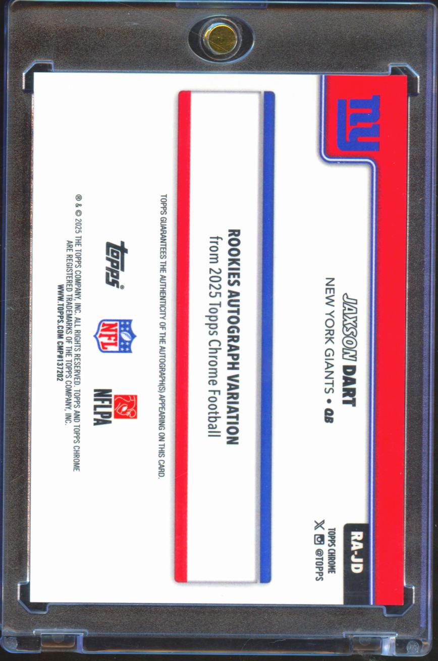 Jaxson Dart 2025 Topps Chrome Auto Autograph RC Green 56/99 New York Giants