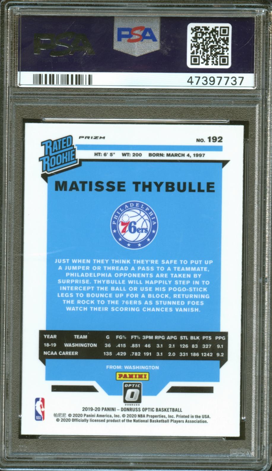 Matisse Thybulle 2019-20 Optic Rated Rookie RC White Sparkle 76ers #192 PSA 10