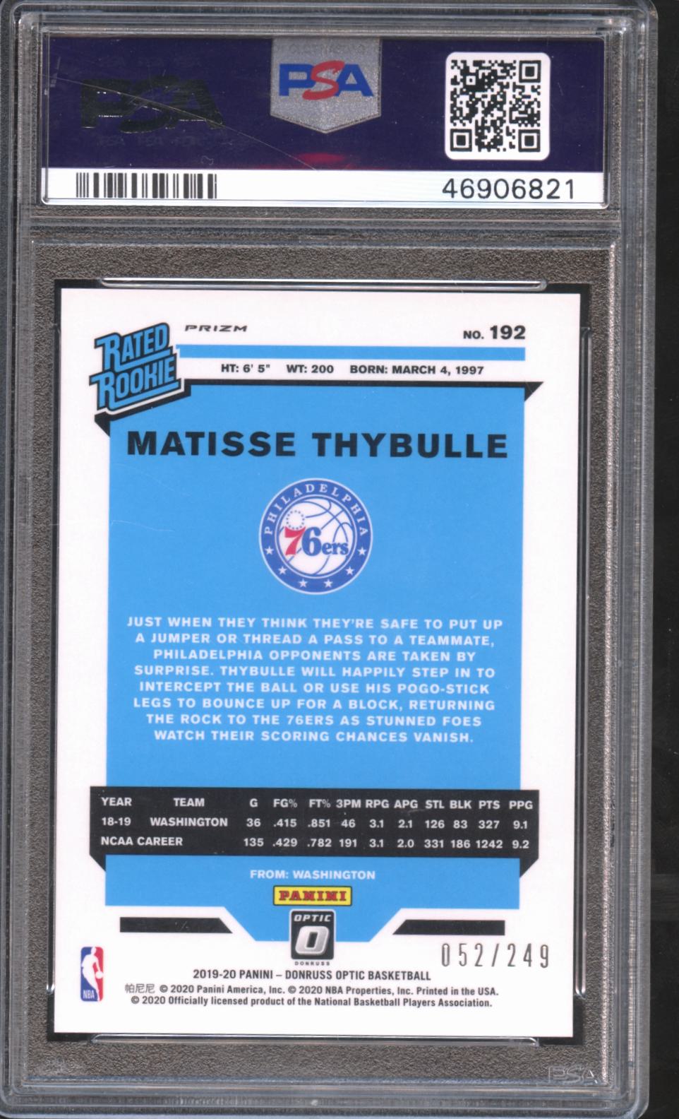 Matisse Thybulle 2019-20 Optic Premium Box Set Rated Rookie RC 76ers PSA 10