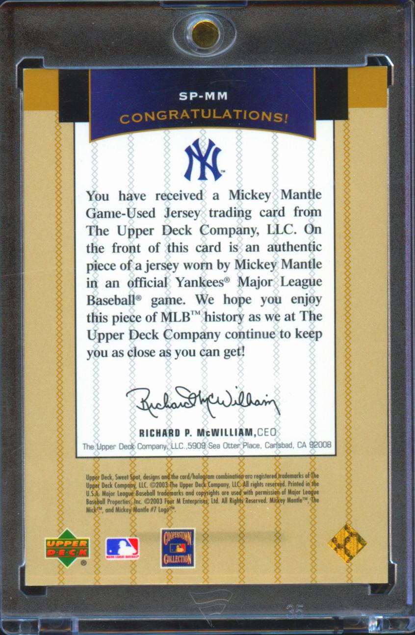 Mickey Mantle 2003 Upper Deck Swet Spot Game Worn Patch New York Yankees