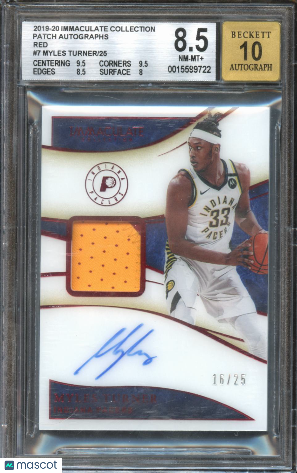 Myles Turner 2019-20 Immaculate Auto Autograph Patch Pacers 16/25 BGS 8.5