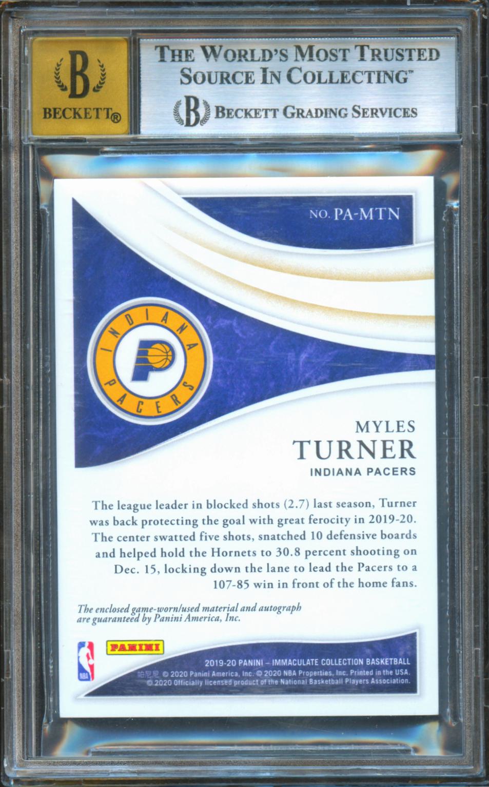 Myles Turner 2019-20 Immaculate Auto Autograph Patch Pacers 16/25 BGS 8.5