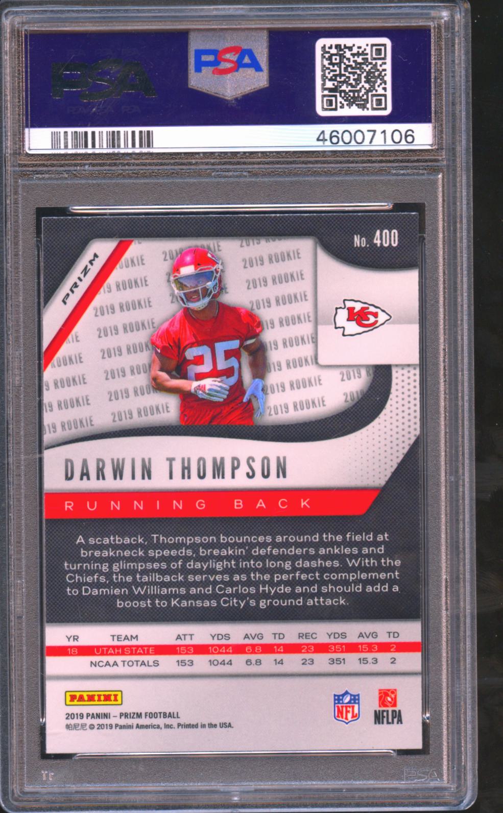 Darwin Thompson 2019 Prizm Retail Red Prizm SSP RC KC Chiefs PSA 10