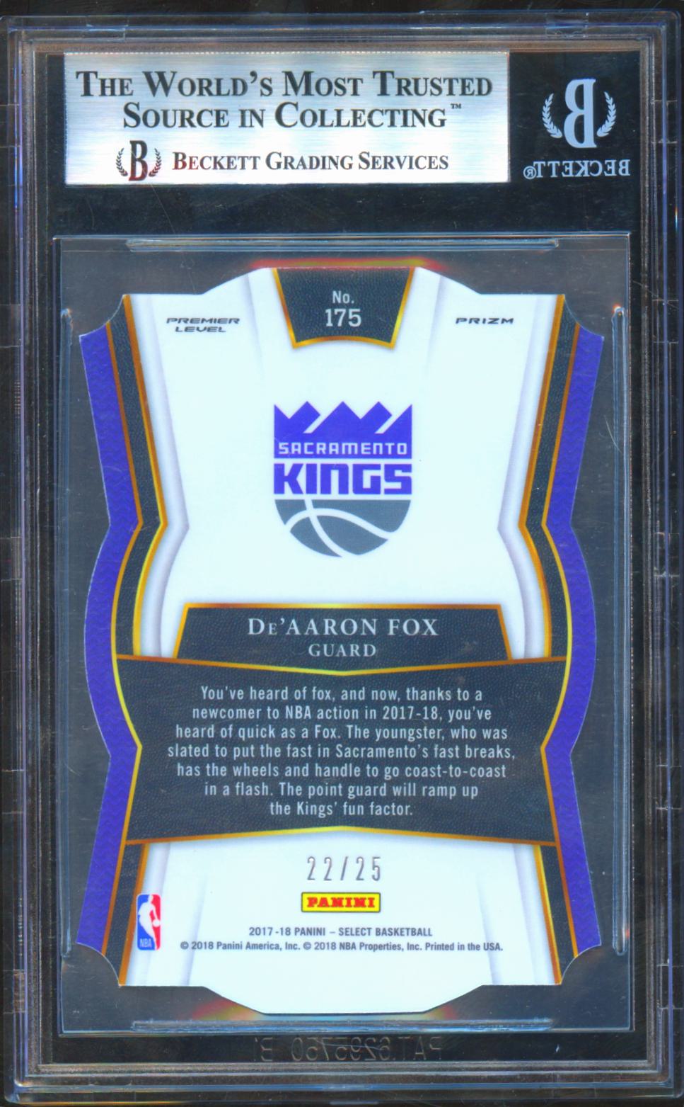 De'Aaron Fox 2017-18 Select Tie-Dye Prizm Rookie RC Kings 22/25 BGS 9