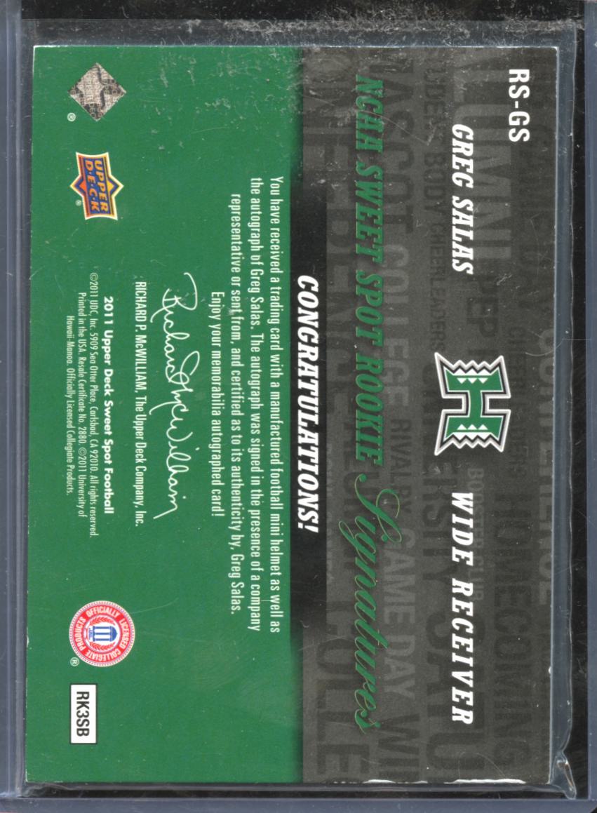 Greg Salas 2011 Upper Deck Sweet Spot Auto Autograph RC Helmet Hawaii 308/599
