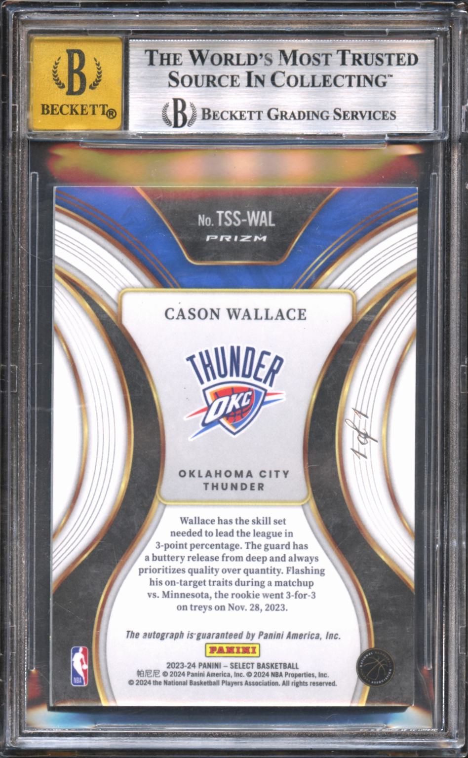 Cason Wallace 2023-24 Select Auto Autograph RC Black Finite Thunder 1/1 BGS 8.5