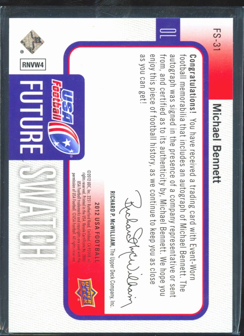 Michael Bennett 2012 Upper Deck Auto Autograph Game Worn LOGO Patch 2/2 USA