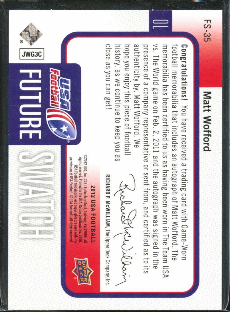 Matt Wofford 2012 Upper Deck Auto Autograph Game Worn LOGO Patch 2/2 USA