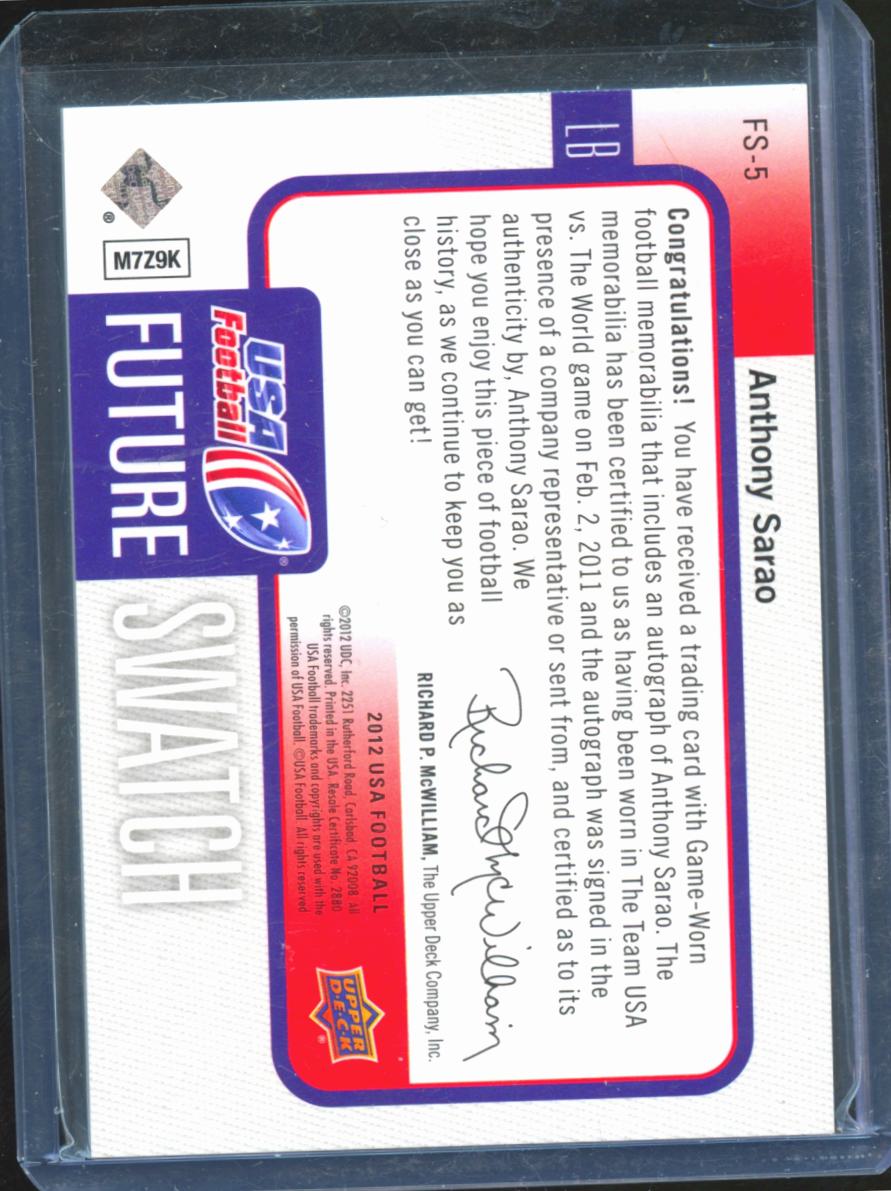 Anthony Sarao 2012 Upper Deck Auto Autograph Game Worn LOGO Patch 1/2 USA