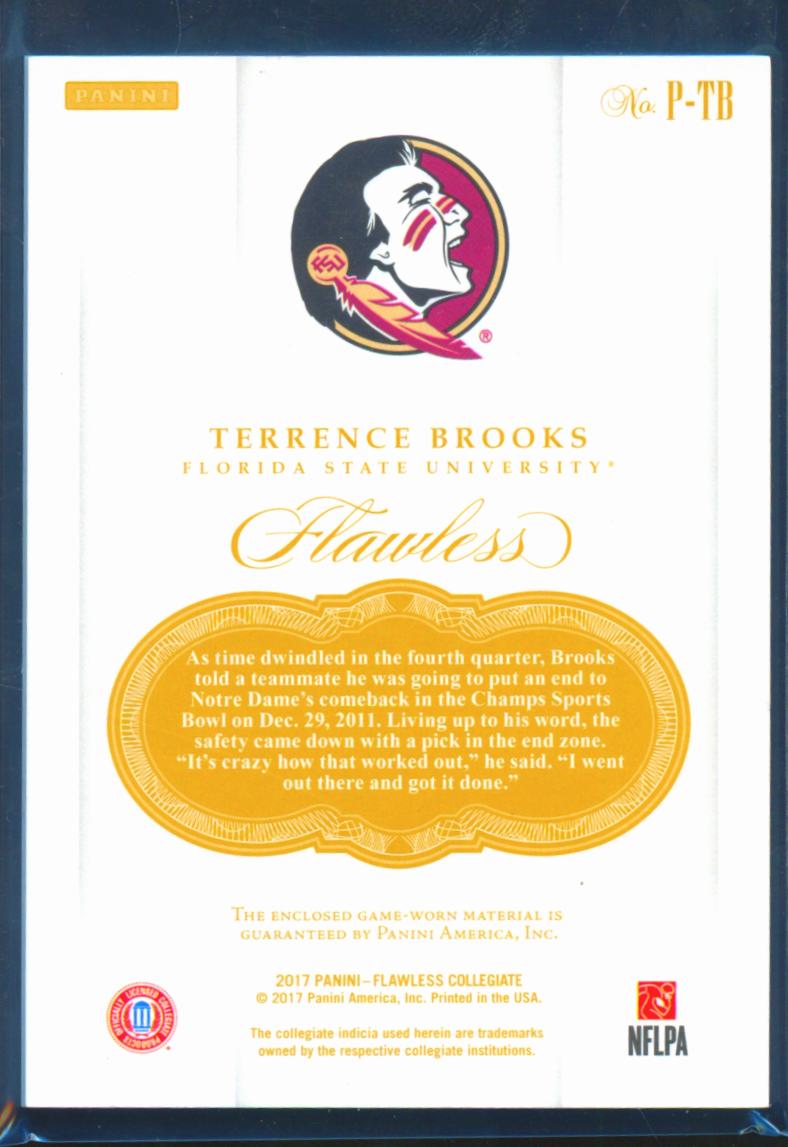 Terrence Brooks 2017 Flawless Game Worn Jersey Patch 9/10 Florida State