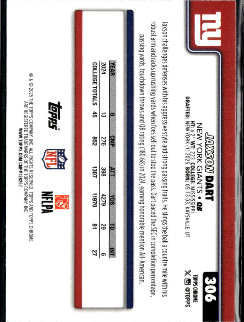 Jaxson Dart 2025 Topps Chrome Pulsar Refractor Rookie RC New York Giants