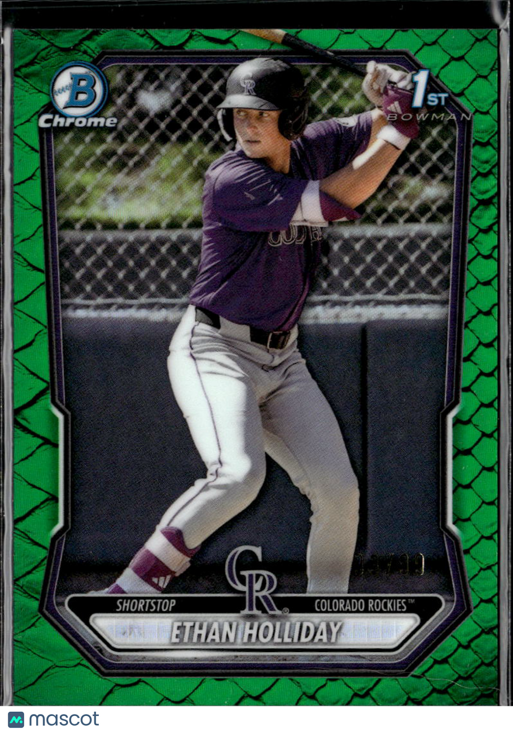 Ethan Holliday 2025 Bowman Chrome 1st Green Reptilian 93/99 Colorado Rockies