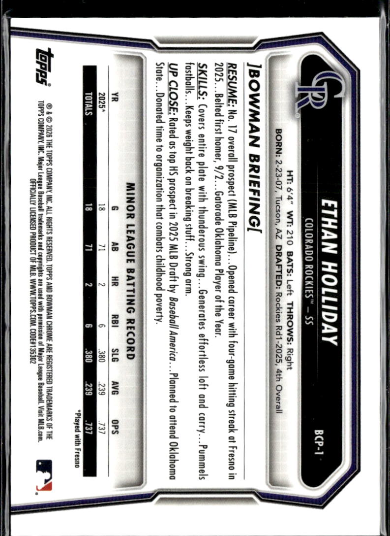 Ethan Holliday 2025 Bowman Chrome 1st Green Reptilian 93/99 Colorado Rockies