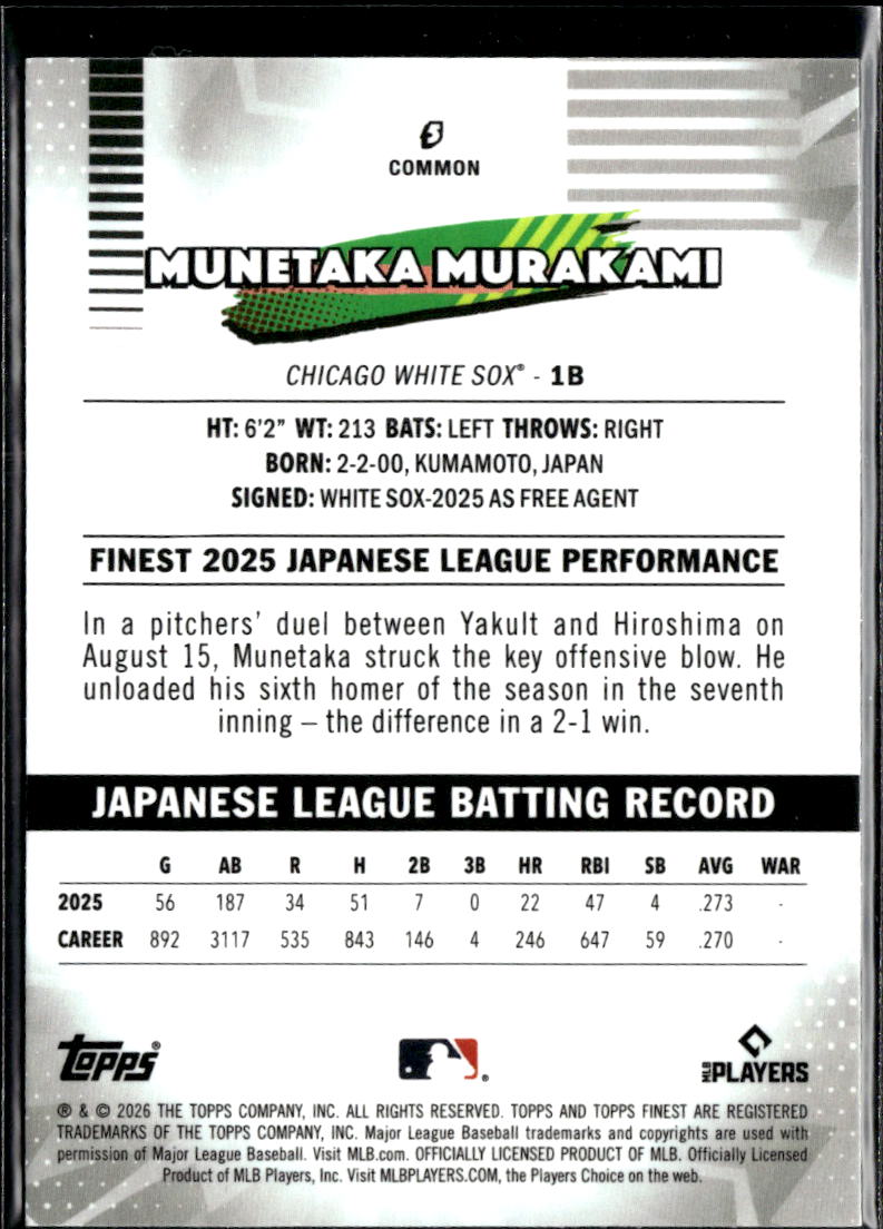 Munetaka Murakami 2026 Topps Finest RC Pink Refractor 94/250 Chicago White Sox