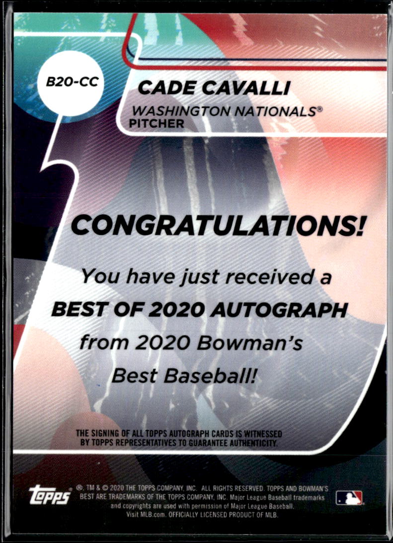 Cade Cavalli 2020 Bowman's Best Auto Autograph 21/99 Washington Nationals