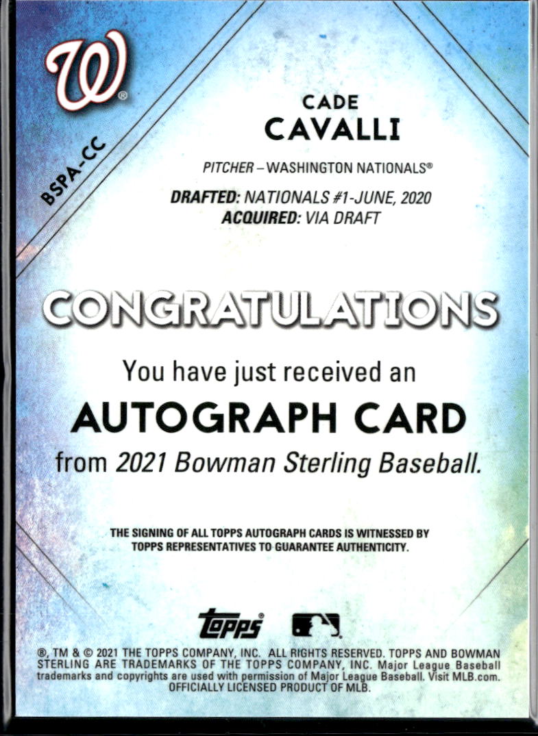 Cade Cavalli 2021 Bowman Sterling Auto Autograph Washington Nationals
