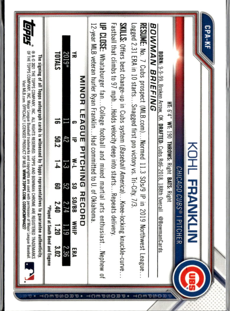 Kohl Franklin 2021 Bowman Chrome 1st Auto Autograph Orange 7/25 Chicago Cubs